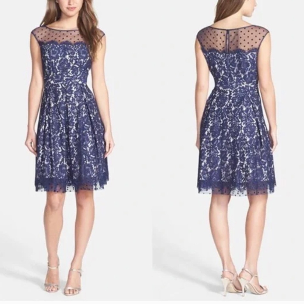 ELIZA J WORN ONCE BLUE AND BEIGE ILLUSION COCKTAIL DRESS WOMENS 4
